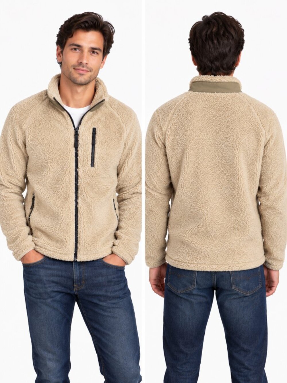 Everlane ReNew Sherpa Full-Zip Fleece Jacket Men's Oatmeal Beige M Outdoor Warm